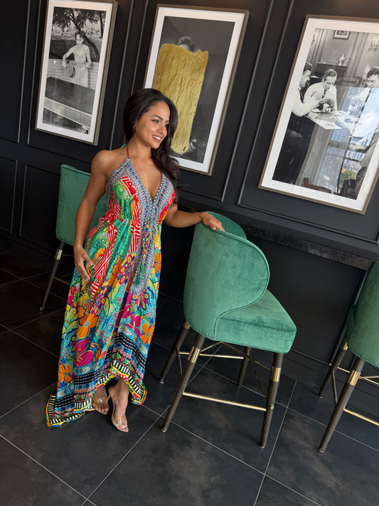 Aztec Passion Flowers 
High-Low Halter Dress