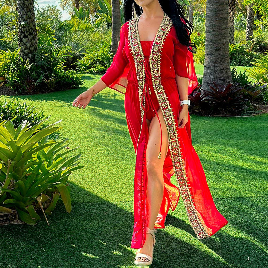 Long Electric Red Kimono Cape Shirl Clark Collection Long Electric Red Kimono Cape Shirl Clark Collection