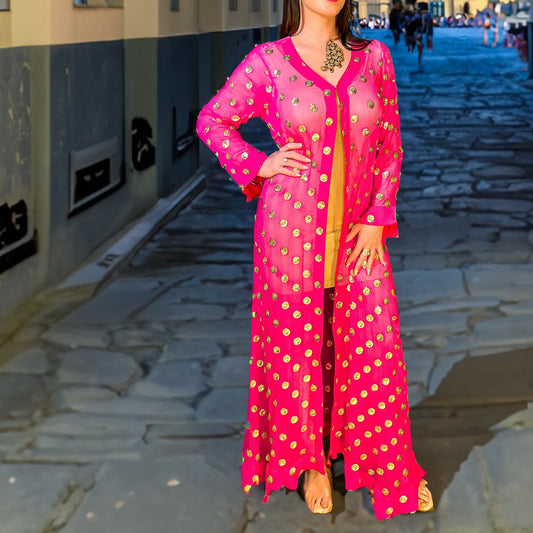 Fuchsia Sequin Polkadot Long Kimono Cape