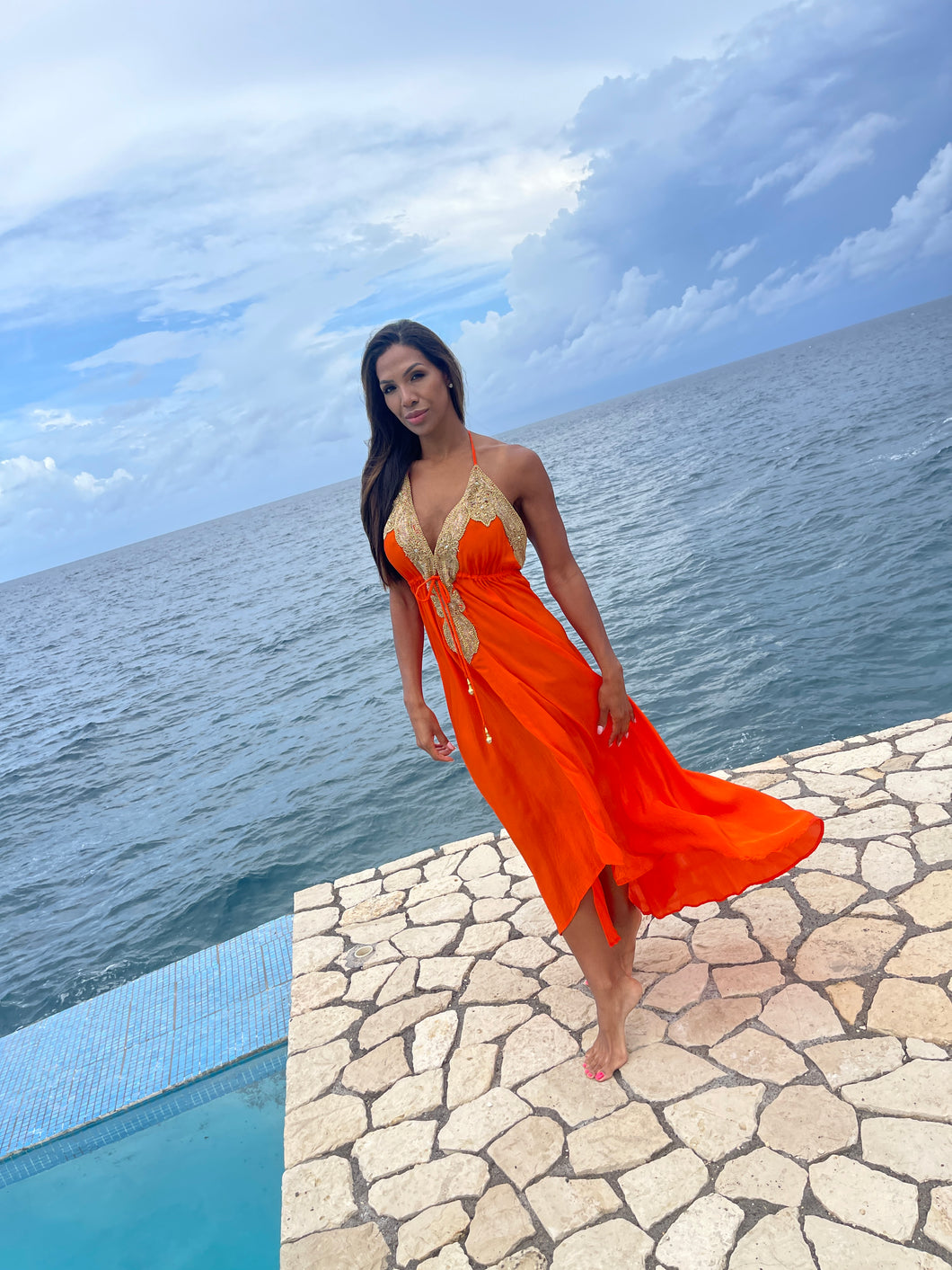 Mesmerizing Electric Tangerine Halter Dress