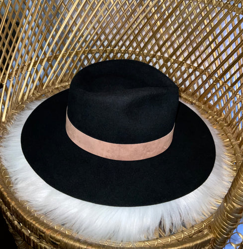 Black Hat with Suede Brown Detail - Teardrop Crown Wool Hat